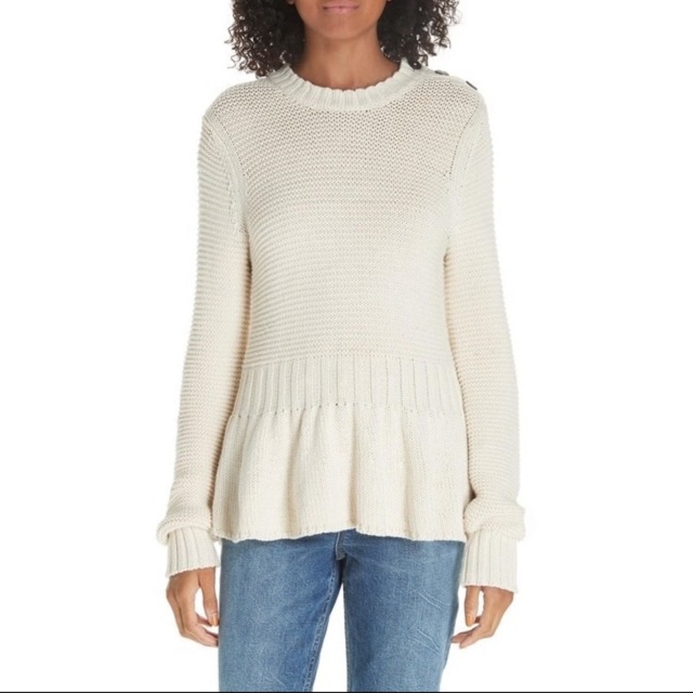 La Vie Rebecca Taylor | Mix Stitch Cotton Wool‎ Peplum Sweater in Chalk Size S